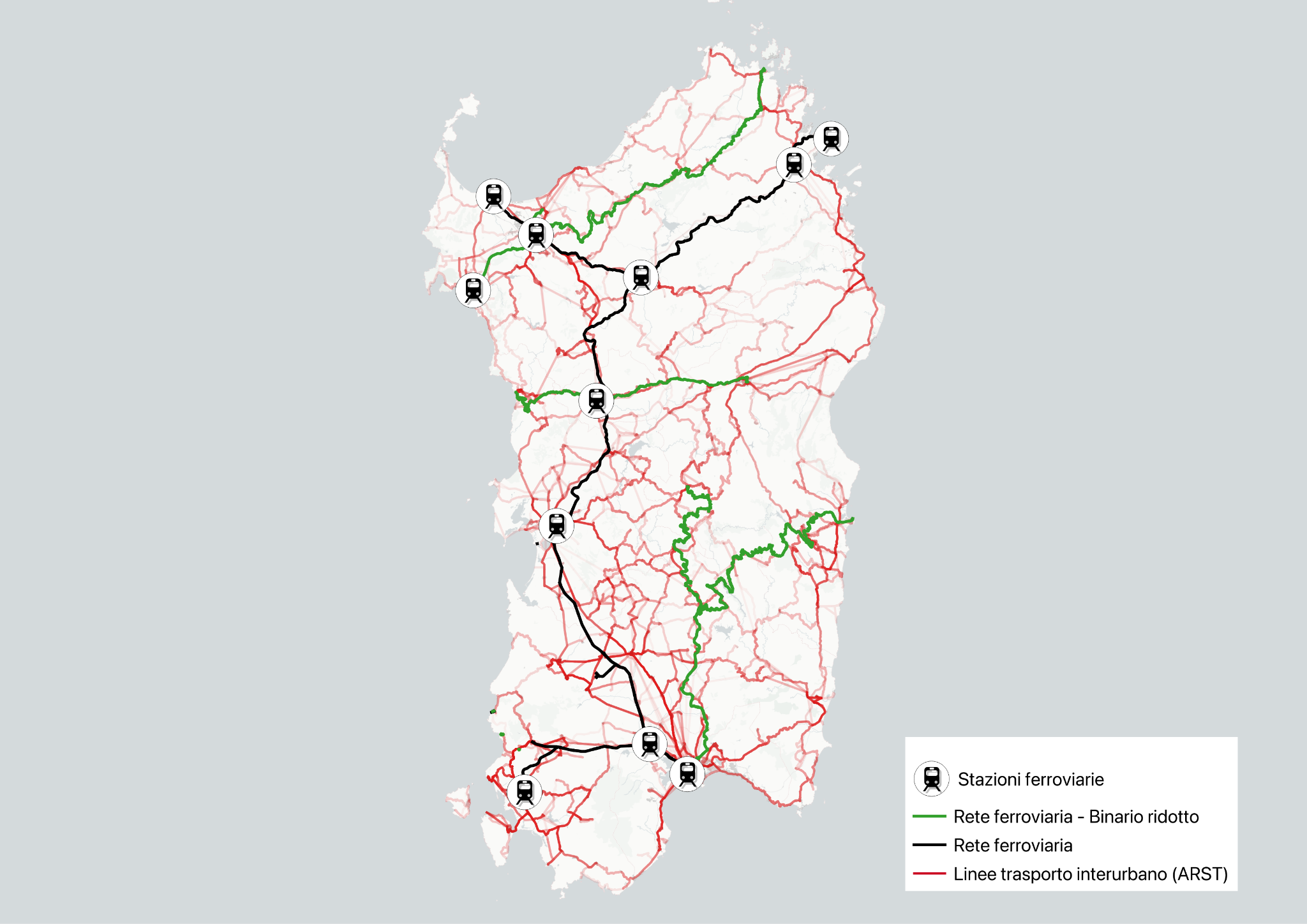 Mappa della rete dei trasporti della regione Sardegna